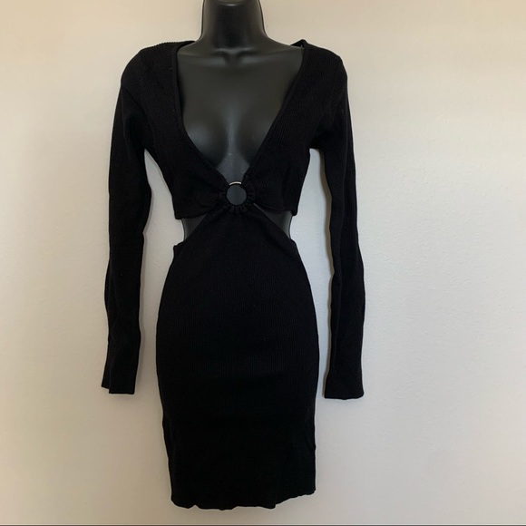 Princess Polly Lucia Black Ribbed Long Sleeve V Neck O Ring Cutout Mini Dress - Picture 4 of 12